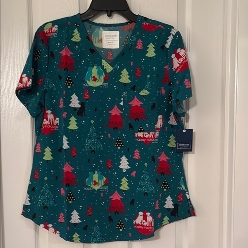 Cherokee Teal Happy Holidogs  Print Scrub Top Size Medium